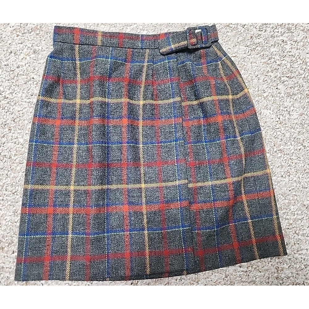 Talbots Vintage 80's USA Gray Red Blue Yellow Plaid Wool Wrap Skirt 6p 28x19